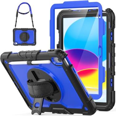 Imagem de HXCASEAC Capa para iPad (A16) 11ª/10ª geração 2025/2022, com suporte para lápis, protetor de tela, alça de mão, proteção resistente para iPad 10, capa A2696/A2757/A2777/A3354/A3355, azul
