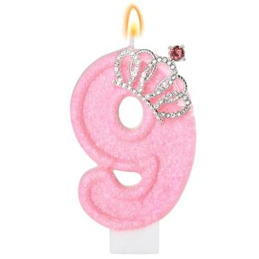Imagem de Vela de aniversário rosa coroa número 9 velas para bolo, enfeite de bolo de aniversário rosa, decorações de cupcake, decoração de festa para meninas e mulheres, comemorações de aniversário,