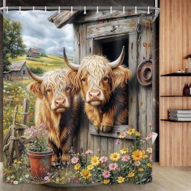 Imagem de Cortina de chuveiro Farmhouse Highland Cow, conjunto de cortina de chuveiro de vaca retrô floral rústica, decoração de cortina de banheiro de vaca highland, impermeável, Bull Western Farm com 12