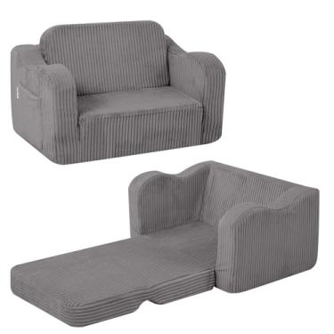 Imagem de MeMoreCool Cadeira infantil confortável para crianças de 1 a 3 anos, sofá-cama dobrável de veludo cotelê, cadeira dobrável 2 em 1, sofá-cama infantil, cinza claro