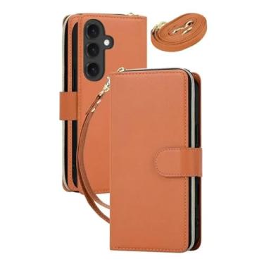 Imagem de HJZSZX Para Samsung S24 Ultra Couro Zip Wallet Phone Case Crossbody Lanyard Cover (Para Samsung S24 Ultra/Marrom)