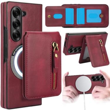 Imagem de Fofvccv Capa magnética destacável 2 em 1 para Samsung Galaxy Z Fold 6, compatível com MagSafe Capa carteira com suporte para cartão de suporte, bloqueio de RFID, bolsa de couro com zíper para Z Fold6