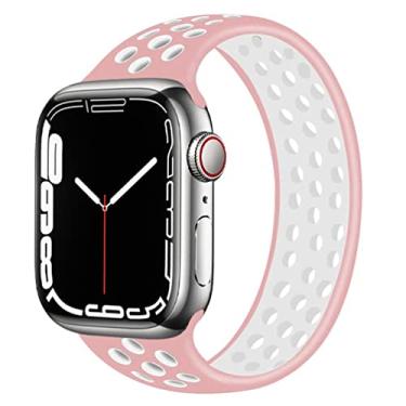 Imagem de ALMNVO Bandas de silicone sport com loop solo Compatível com Apple Watch Band 38mm 41mm 40mm 45mm 44mm 42mm,Replacement Pulseira Sport Wristbands para iWatch Series 7 6 5 SE 4 3 2 1,Branco rosa