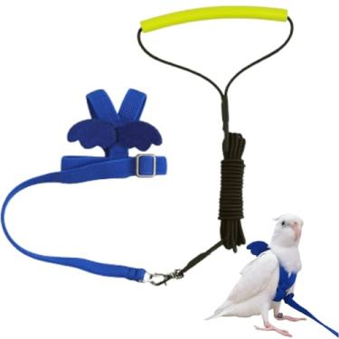 Imagem de Peitoral e coleira de pássaro papagaio para animais de estimação, design de treinamento ajustável, antimordida, corda de nylon com asa fofa para periquito Lovebird Budgie Africano Arara Conure (azul