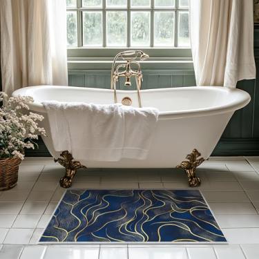 Imagem de Tapete de área 2x3 azul dourado moderno para banheiro tapete interno lavável à máquina tapetes abstratos para quarto, ultramacio, sala de jantar, tapete antiderrapante para escritório em casa