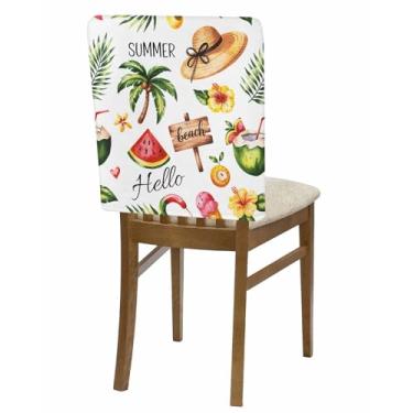 Imagem de Conjunto de 4 capas de cadeira de jantar, capas removíveis para cadeira de verão, coqueiro, chapéu de palha, lavável, para casa, sala de jantar, escritório, hotel, aquarela, tema de praia costeira