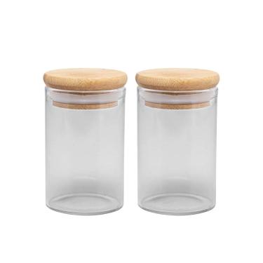 Imagem de Jogo 2 Potes Hermético Porta Mantimento Vidro Borossilicato Tampa Bambu 90ml - Wolff