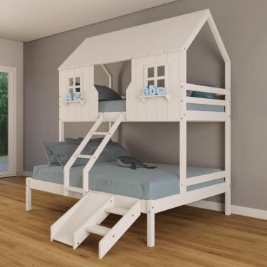 Imagem de Beliche Casal/Solteiro Casinha Encantada Com Kit Escada e Escorregador Madeira Maciça Branco Housin