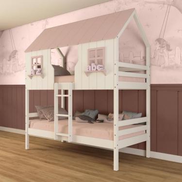 Imagem de Beliche Casinha Encantada Madeira Maciça Branco/ Rosa Megamobilia