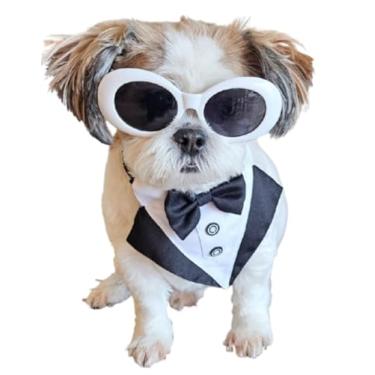 Imagem de C04 Conjunto de fantasia de animal de estimação retrô + smoking gravata borboleta babador de raças pequenas a médias 5,4-13,6 kg adereço de festa cosplay sessão de fotos (Thk Oval Branco + babador de