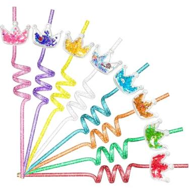 Imagem de TUWUNA 24 peças de lembrancinhas de festa de princesa com glitter canudos de coroa com glitter, presentes para festa de aniversário de princesa, decorações com 2 pincéis limpos