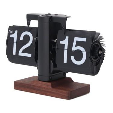 Imagem de Relógio Mecânico, Relógio Retro Auto Relógio 12 Horas Relógio de Bateria de um Lado Com Base Em Madeira de Nogueira para Decoração de Desktop de (Páginas de quadro preto letras