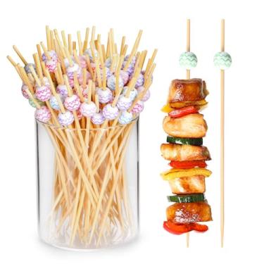 Imagem de JtmyAota 100 palitos de dente extravagantes para aperitivos, palitos de coquetel de 12 cm para decoração de festa, espetos de aperitivo de bambu para charcutaria, sanduíche, hambúrgueres de frutas