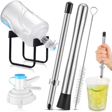 Imagem de Chunful Os suprimentos de suporte de limonada incluem suporte de jarro de água de 3 a 5 galões de aço inoxidável, válvulas dispensadoras, escova de palha, perfurador de palha para tampas de plástico