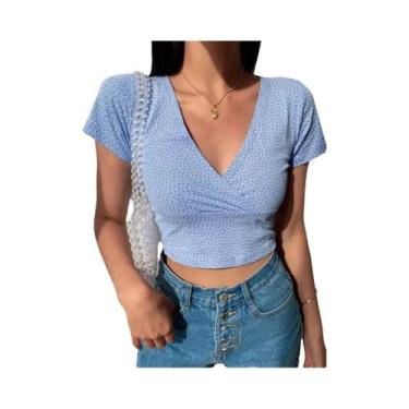 Imagem de Camiseta Feminina Slim Fit Floral - Decote V, Manga Curta e Cintura Al