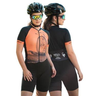 Imagem de Macaquinho de Ciclismo Feminino Manga Curta Way Bike Roda Laranja Forr