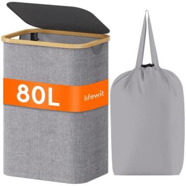 Imagem de Cesto de roupa suja Lifewit 80L com tampa, alças de bambu cinza claro