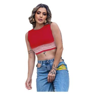 Imagem de Blusinha Cropped Listrada Tricot Feminina Gola Redonda - EUC STORE, Ve