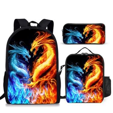 Imagem de Ansteade Mochila para meninos do ensino fundamental e médio, mochila escolar infantil com lancheira, conjunto de estojo de lápis, Dragão, G