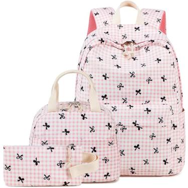 Imagem de LEDAOU Mochila para meninas, mochila escolar, mochila infantil para adolescentes, conjunto de mochila com lancheira e estojo de lápis, B - Gravata borboleta xadrez rosa -6, 17.3 x 11.8 x 5.5 inches