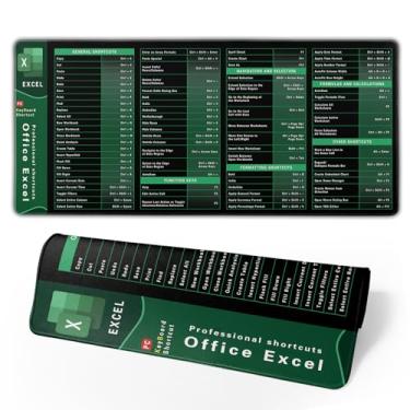 Imagem de Excel Cheat Sheet Tapete de mesa estendido XL Office Keyboard Mat (80 x 30 cm) polegadas, mouse pad de atalhos Excel de 3 mm de espessura, bordas costuradas base antiderrapante (U verde preto excel)