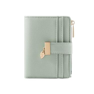 Imagem de Carteira pequena feminina de couro macio dobrável com zíper para identidade, bolso para moedas, carteira feminina verde