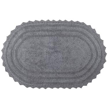 Imagem de RAJRANG Tapete de banheiro cinza titânio com padrão de crochê macio absorvente reversível boho algodão tapete de banho oval 86 x 53 centímetros
