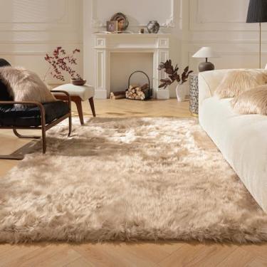 Imagem de Ashler tapete de pele sintética, tapete felpudo fofo ultra macio 3 x 5 pés tapete de pele retangular bege felpudo tapete felpudo lavável na máquina, tapetes de decoração de berçário para quarto, quarto de crianças, sala de estar