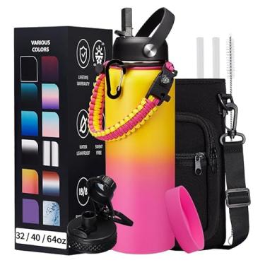 Imagem de DIGJUPER Garrafa de água isolada de aço inoxidável de 1,134 g - Garrafas de água de metal reutilizáveis com tampa de canudo e bico, alça de paracord e bolsa de transporte, frasco de água de treino à