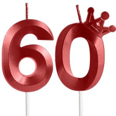 Imagem de Velas de aniversário de 60 anos para bolo, número 60 velas vermelhas com coroa, design 3D, enfeite de bolo de aniversário para mulheres, homens, festas de aniversário, casamento, celebração