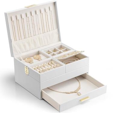 Imagem de Vlando Caixa de joias de 3 camadas - Caixa de joias feminina com bandeja retrátil - Organizadores de joias com gaveta para colares, anéis, pulseiras, brincos, presente para casais, mães e meninas