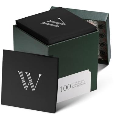 Imagem de Pacote com 100 guardanapos de coquetel descartáveis com monograma, preto, 12,7 cm x 12,7 cm com sensação de linho, papel letra W, guardanapos de bebida brancos iniciais para casamento, festa, bar ou