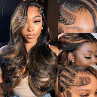 Imagem de Peruca frontal ombré de 55 cm, cabelo humano pré-arrancado 1B/76 cm, destaque, 33 x 4, perucas de cabelo humano 180% densidade ondulada do corpo, perucas coloridas, marrom, sem cola, HD, perucas
