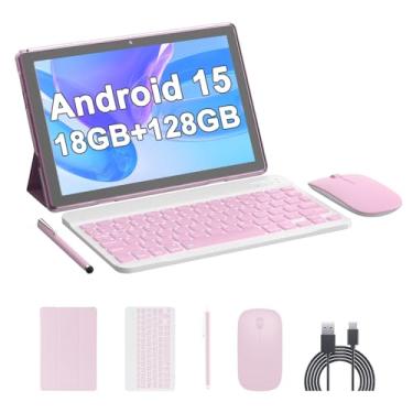 Imagem de Tablet Android 15, 10 polegadas 18 GB RAM 128 GB ROM, tablet processador quad-core 2,0 GHz, tela sensível ao toque 1280 x 800 IPS, 2,4 G/5G WiFi, tablets 2 em 1 com teclado, capa, mouse, caneta
