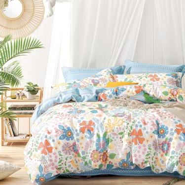 Imagem de ALEISSEL Edredom de algodão floral azul tamanho solteiro - flores artísticas vibrantes e padrões geométricos boêmio, branco e azul macio, 2 peças de jogo de cama leve com enchimento alternativo (168