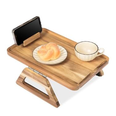 Imagem de VICTORY RELAX Bandeja de apoio de braço para sofá de madeira de acácia - 39 x 25 cm com dobradiça dupla, bandeja de braço de sofá, mesa de braço de sofá, mesas laterais de madeira para comer (acácia
