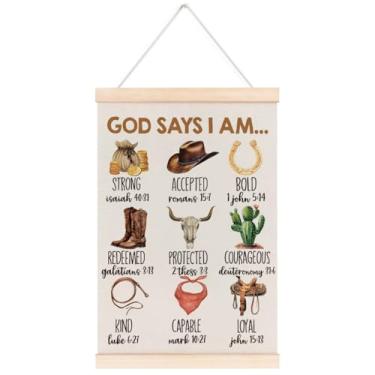 Imagem de laveliabel Moldura para pôster God Says I Am Cowboy, pôster inspirador cristão com cabide de madeira, verso da Bíblia de cowboy ocidental, decoração de arte de parede para berçário, sala de aula, sala