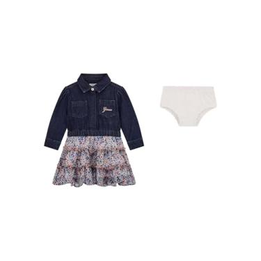 Imagem de GUESS Vestido de manga comprida e tecido misto para bebês meninas, Lavagem de pirulito azul escuro, 12 Meses