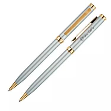 Imagem de Caneta Crown Personalizada Liverpool Gold Esferográfica Corpo em Metal Detalhes Dourados Gravação Laser Nome Logo Presente Luxo Executiva Original (Prata)