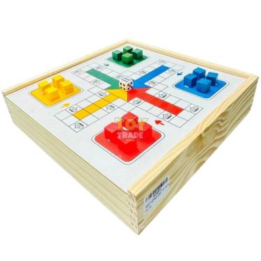 Imagem de Jogos de Tabuleiro 4 em 1, Damas, Dominó, Jogo da Velha e Ludo, Estojo de Madeira, 20x20x7cm