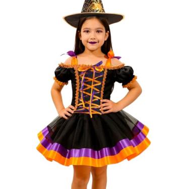 Imagem de Fantasia pra Meninas de Halloween Vestido Bruxa Super Luxo com Corselete Ajustável (Preto, PP 3-4)