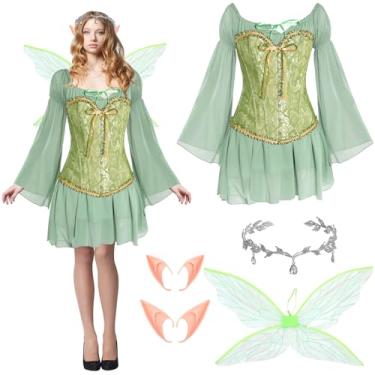 Imagem de Foaincore Conjunto de 6 peças de fantasias femininas de fada, ombro de fora, vestido curto, espartilho floral, strass, tiara de orelhas de elfo e asas (G, verde)