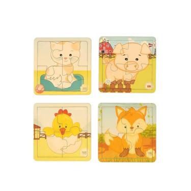 Imagem de Kit 4 Quebra-Cabeças de Madeira Infantil – Animais da Fazenda - 4 Peças Grandes Cada - Brinquedo Educativo - Estilo Montessori - Coordenação Motora