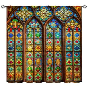Imagem de KANEPE Cortinas de vitral, tratamentos de janela abstratos retrô de vitrais coloridos antigos, cortinas com isolamento térmico para quarto e sala de estar, cozinha, 106,7 cm L x 114,3 cm C【Decoração】
