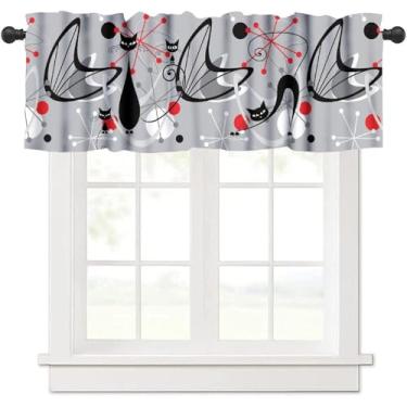 Imagem de Cortina de sanefa de gato preto dos anos 50, bumerangues atômicos starbursts meados do século, moderna, atômica, abstrata, tratamento de janela para cozinha, banheiro, sala de estar, quarto de