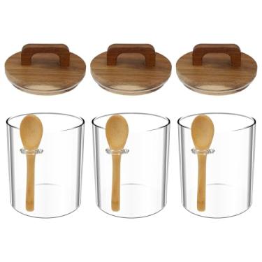 Imagem de 3 frascos de vidro para armazenamento de alimentos com tampas e colher de madeira, recipientes de aveia noturnos de 765 g, pote hermético para bancada de cozinha, conjuntos de potes de alimentos de