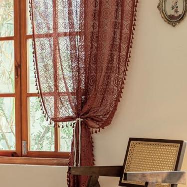 Imagem de Cortinas transparentes laranja queimado 182 cm comprimento 2 painéis Boho-Meets-Victorian Lace crochê painéis para quarto sala de estar cortinas boho outono rústico bolso haste privacidade 140 L x 72