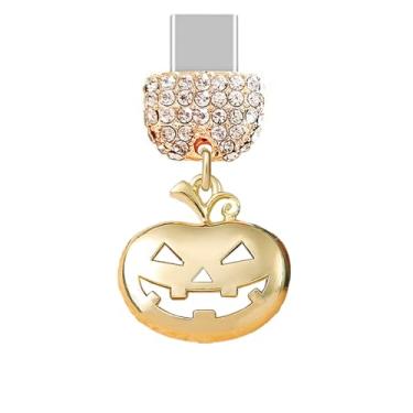 Imagem de ELISE & FONDA TP909 Tipo-C porta de carregamento cristal antipoeira pequeno pingente de celular abóbora Halloween para iPhone 15/16/Samsung/OnePlus/Xiaomi/oppo telefones Android (dourado)