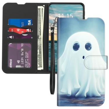 Imagem de Capa carteira para iPhone 16, com suporte para cartão, alça de pulso, flip de couro PU, fecho magnético, suporte, proteção contra quedas, capa interna de TPU para iPhone 16 5G 2024, Halloween branca