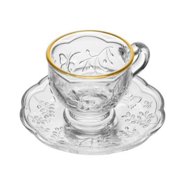 Imagem de Xícara P/Café C/Pires de Cristal New Butterfly Transparente C/Fio de Ouro 80ml Lyor